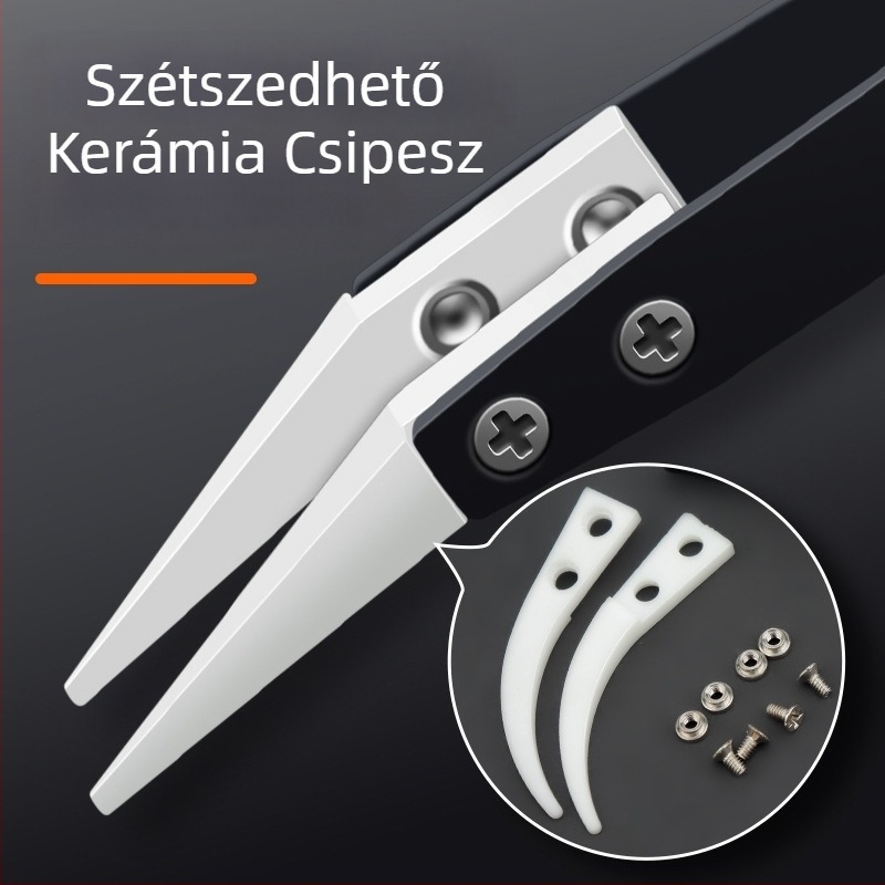 Rozsdamentes acélból készült, cserélhető fejű csipesz, izolált, kerámia‑antistatív, nem mágneses, hajlított véggel, mobiltelefon-karbantartáshoz, ellenáll a magas hőmérsékletnek