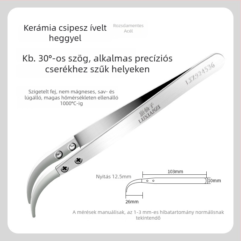 Rozsdamentes acélból készült, cserélhető fejű csipesz, izolált, kerámia‑antistatív, nem mágneses, hajlított véggel, mobiltelefon-karbantartáshoz, ellenáll a magas hőmérsékletnek