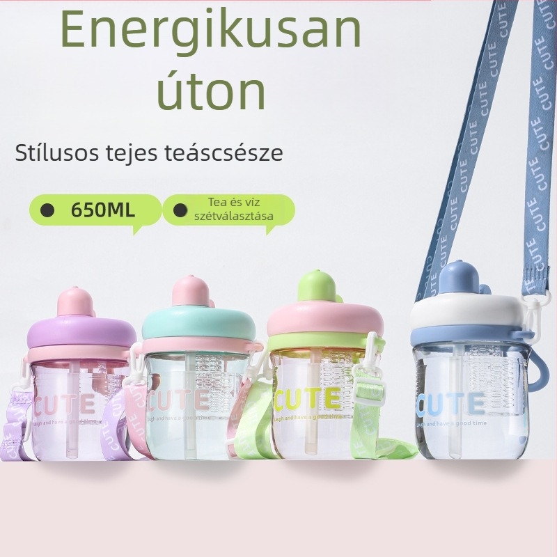 Minimalista műanyag pohár virágos tea dizájnnal, szívócsővel, hordozható kompakt víz pohár diákoknak és pároknak, influencer-stílus