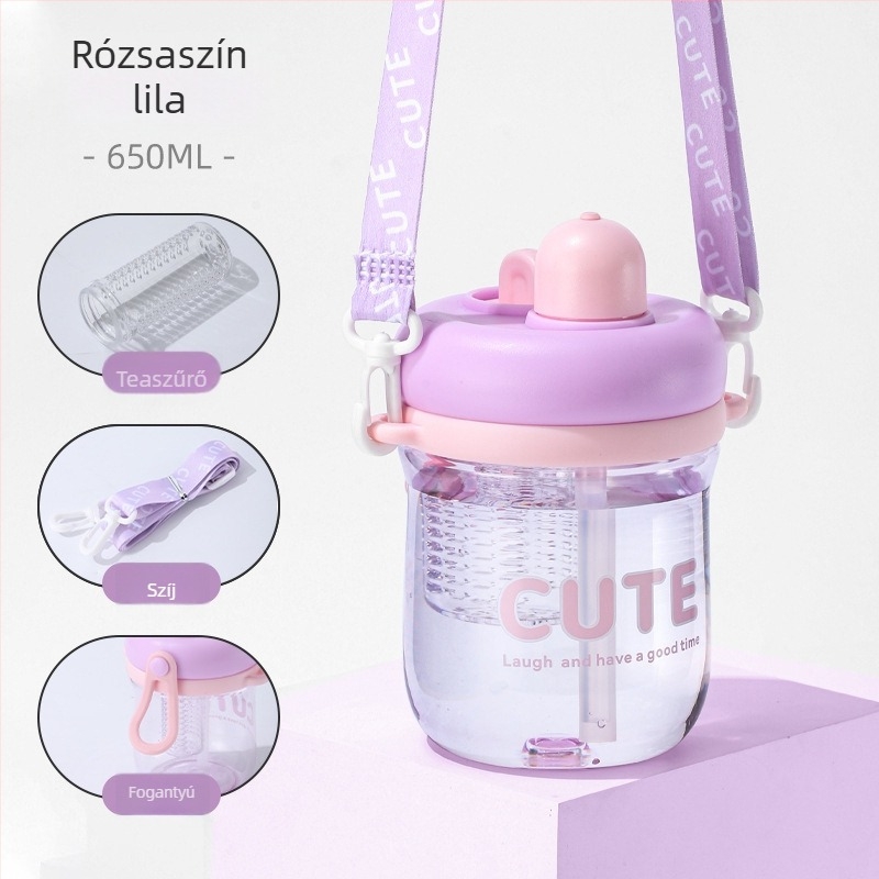 Minimalista műanyag pohár virágos tea dizájnnal, szívócsővel, hordozható kompakt víz pohár diákoknak és pároknak, influencer-stílus