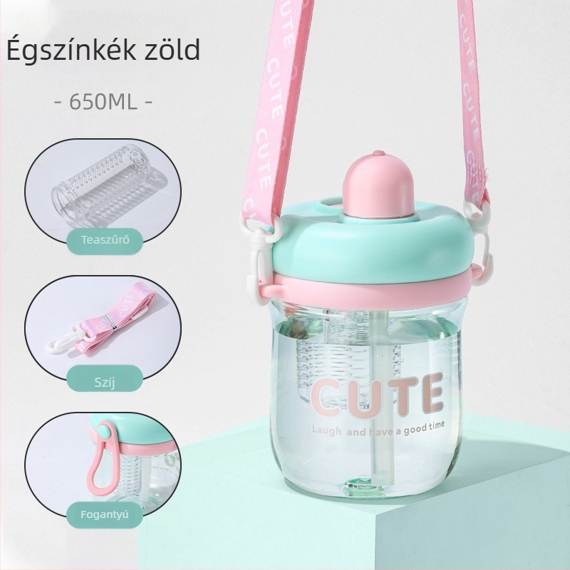 Minimalista műanyag pohár virágos tea dizájnnal, szívócsővel, hordozható kompakt víz pohár diákoknak és pároknak, influencer-stílus