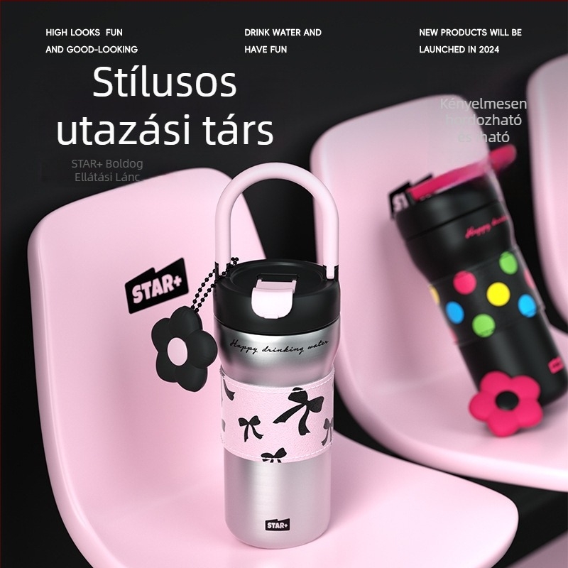 Női termosz, külső 304 rozsdamentes acél, belső 316, 6–12 órás izoláció, hordozó kötéllel