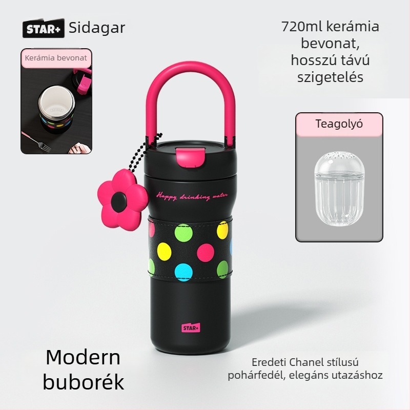 Női termosz, külső 304 rozsdamentes acél, belső 316, 6–12 órás izoláció, hordozó kötéllel