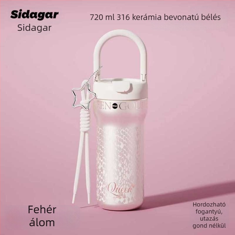 Női termosz, külső 304 rozsdamentes acél, belső 316, 6–12 órás izoláció, hordozó kötéllel