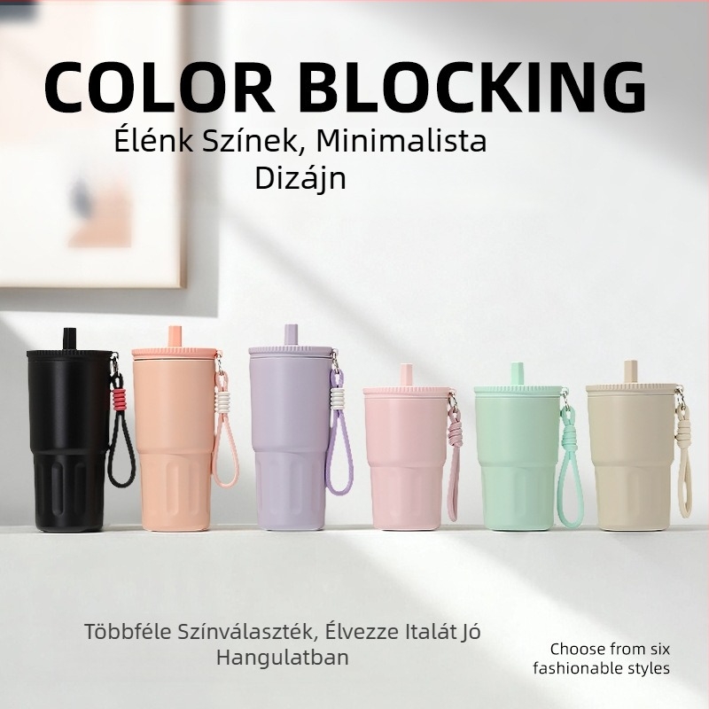 Minimalista 316 rozsdamentes acélból készült szigetelt pohár szívócsővel és hordozó zsinórral, hordozható kávés pohár