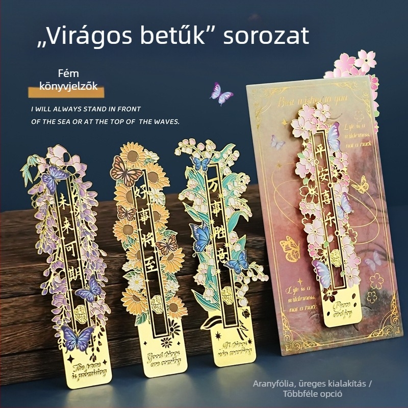 Ins-stílusú fém könyvjelző friss virágos mintával, ballagási emlék, utazási szuvenír, diák dekoráció