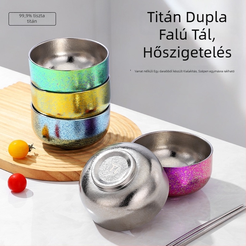 Tiszta titán rizs tál, nagy, dupla falú, vastag tál otthoni és éttermi használatra, kültéri kemping