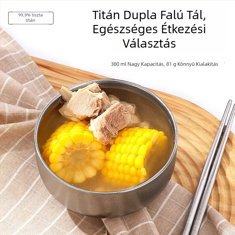 Tiszta titán rizs tál, nagy, dupla falú, vastag tál otthoni és éttermi használatra, kültéri kemping