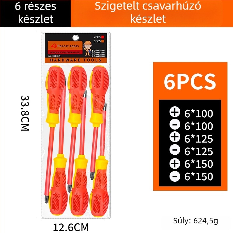 Szigeteltt magasfeszültségű csavarhúzó mágneses végződéssel — lapos és Phillips fej, magas szilárdságú S2-es szerszámacél, szilikon markolat