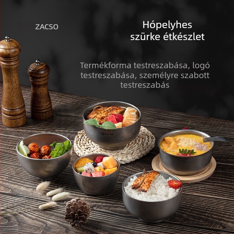 Ipari stílusú retro étkészlet: kültéri dupla rétegű rozsdamentes acél nagy tál tésztaételekhez, hópehely-szürke színben, koreai stílus.