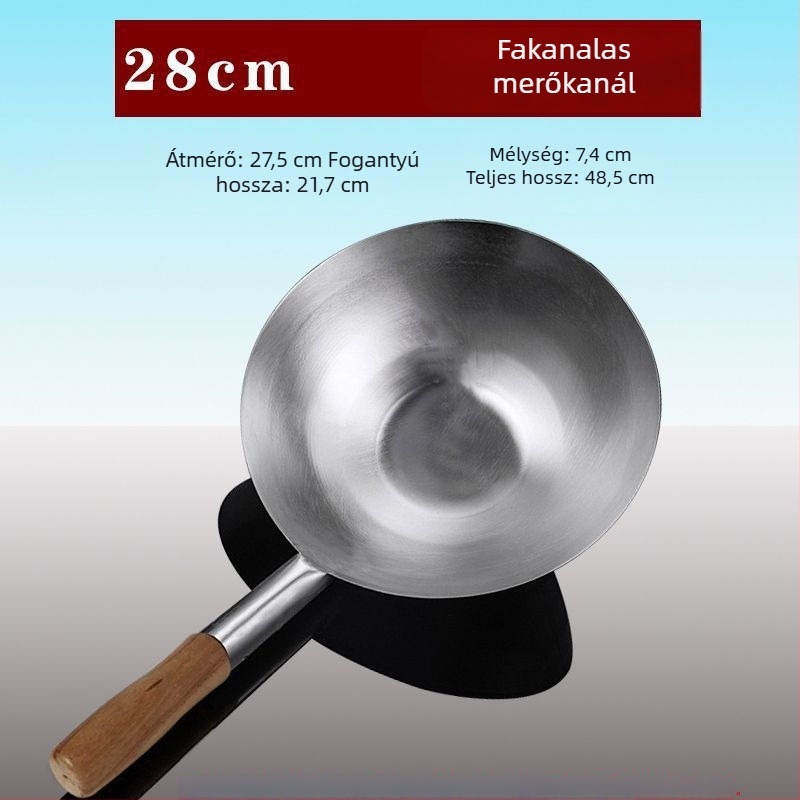 Rozsdamentes acél merőkanál fa fogantyúval – nagy fazekakhoz és levesekhez