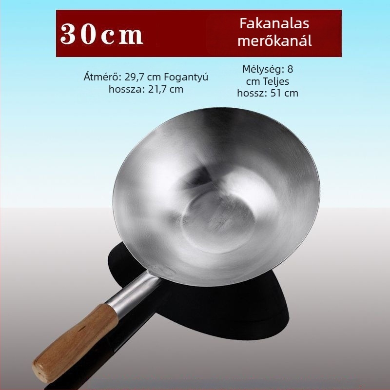 Rozsdamentes acél merőkanál fa fogantyúval – nagy fazekakhoz és levesekhez