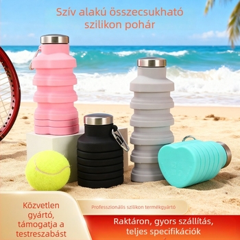 500 ml-es kültéri sportos vizes palack, szív alakú szilikon összecsukható pohárral
