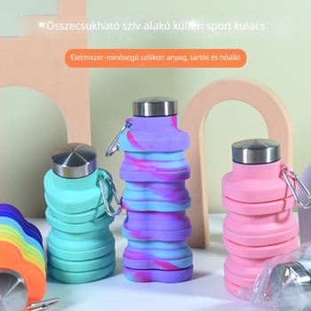 500 ml-es kültéri sportos vizes palack, szív alakú szilikon összecsukható pohárral
