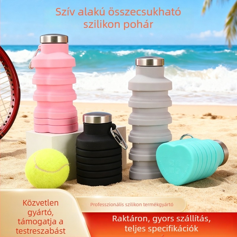 500 ml-es kültéri sportos vizes palack, szív alakú szilikon összecsukható pohárral