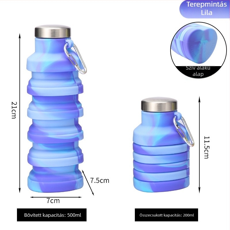 500 ml-es kültéri sportos vizes palack, szív alakú szilikon összecsukható pohárral