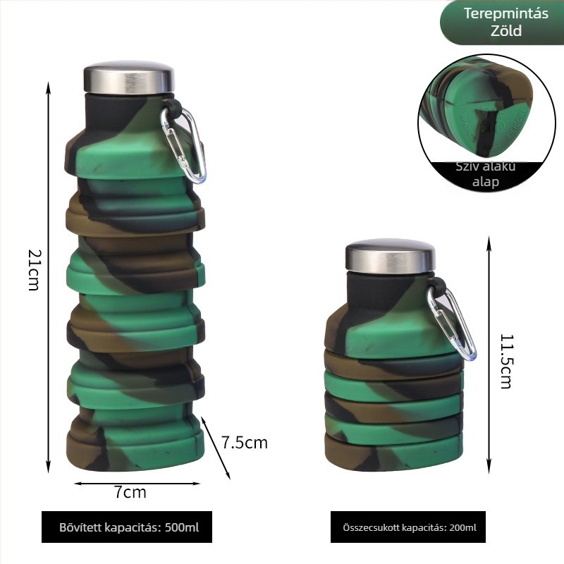 500 ml-es kültéri sportos vizes palack, szív alakú szilikon összecsukható pohárral