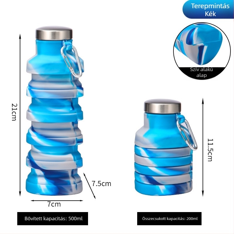 500 ml-es kültéri sportos vizes palack, szív alakú szilikon összecsukható pohárral
