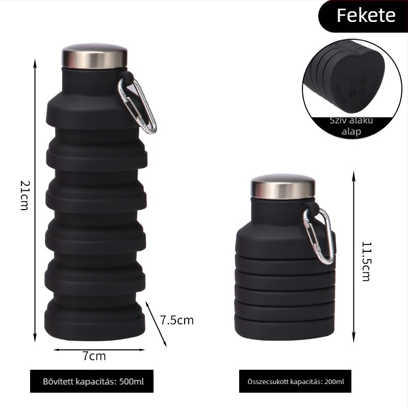500 ml-es kültéri sportos vizes palack, szív alakú szilikon összecsukható pohárral