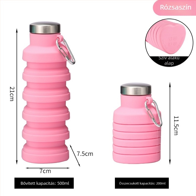 500 ml-es kültéri sportos vizes palack, szív alakú szilikon összecsukható pohárral