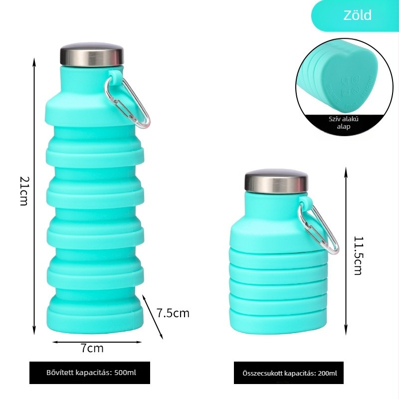 500 ml-es kültéri sportos vizes palack, szív alakú szilikon összecsukható pohárral
