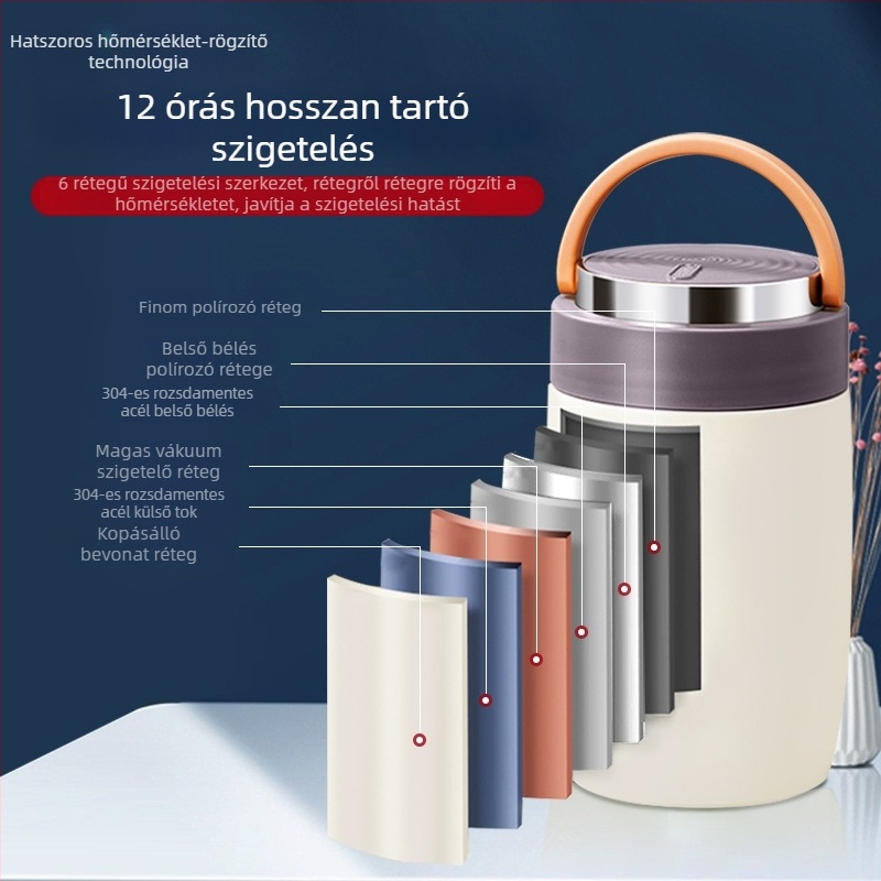 304 rozsdamentes acél termoszigetelt ebédes doboz, kerek formájú, diákoknak és irodai dolgozóknak, élelmiszerbiztonsági minőségű