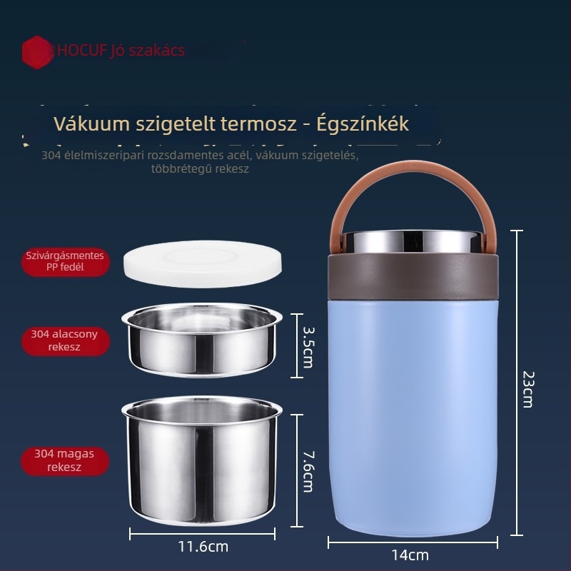 304 rozsdamentes acél termoszigetelt ebédes doboz, kerek formájú, diákoknak és irodai dolgozóknak, élelmiszerbiztonsági minőségű