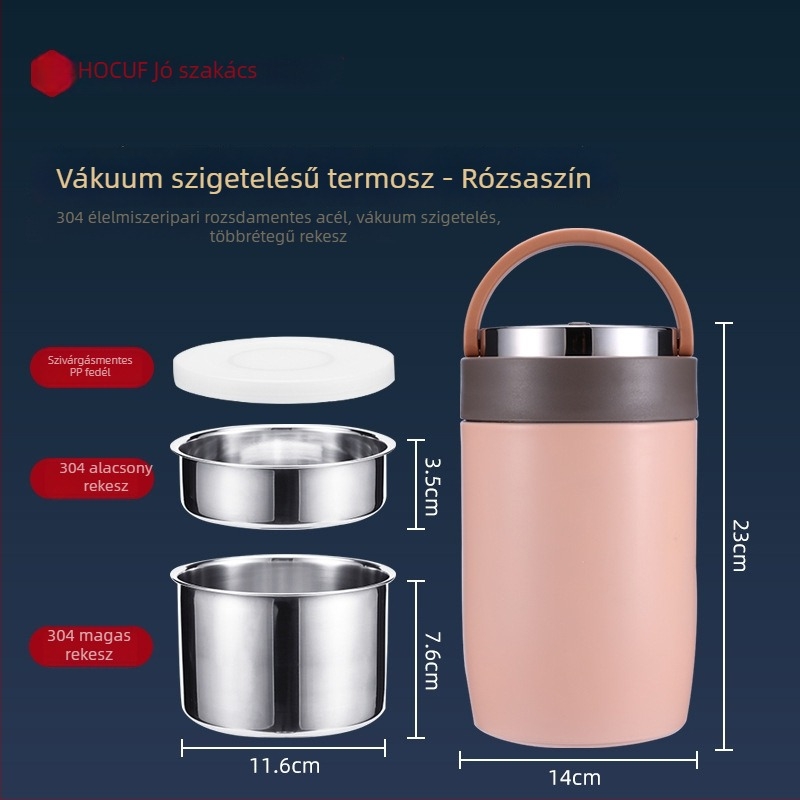 304 rozsdamentes acél termoszigetelt ebédes doboz, kerek formájú, diákoknak és irodai dolgozóknak, élelmiszerbiztonsági minőségű