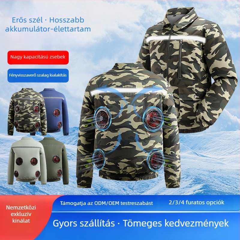 Négy ventillátoros férfi munkaruha hűtőfelszerelés, terepmintás, fényvisszaverő és kopásálló, kültéri munkákhoz