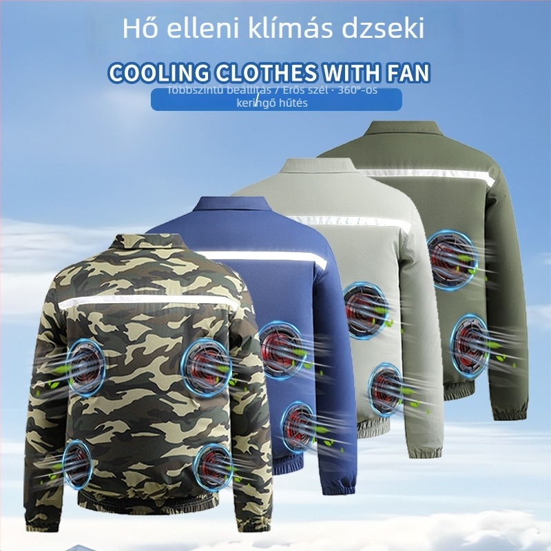 Négy ventillátoros férfi munkaruha hűtőfelszerelés, terepmintás, fényvisszaverő és kopásálló, kültéri munkákhoz