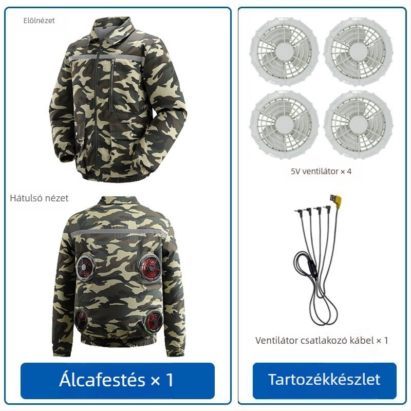 Négy ventillátoros férfi munkaruha hűtőfelszerelés, terepmintás, fényvisszaverő és kopásálló, kültéri munkákhoz
