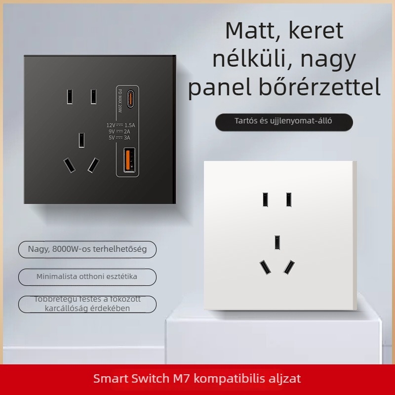 86-típusú matt felületű kapcsoló- és aljzat, rejtett szereléshez, intelligens kompatibilitással, 1-ágú, 5 lyukas aljzat, klíma panel 16A