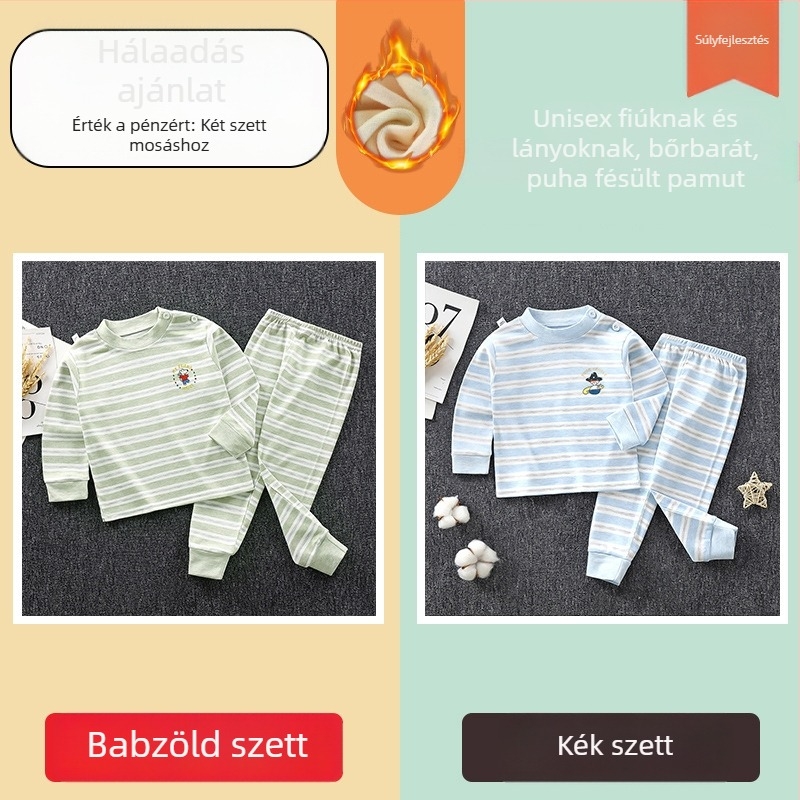 Két részes gyerek pamut pizsama szett, csíkos mintával, 3–8 éveseknek, őszi