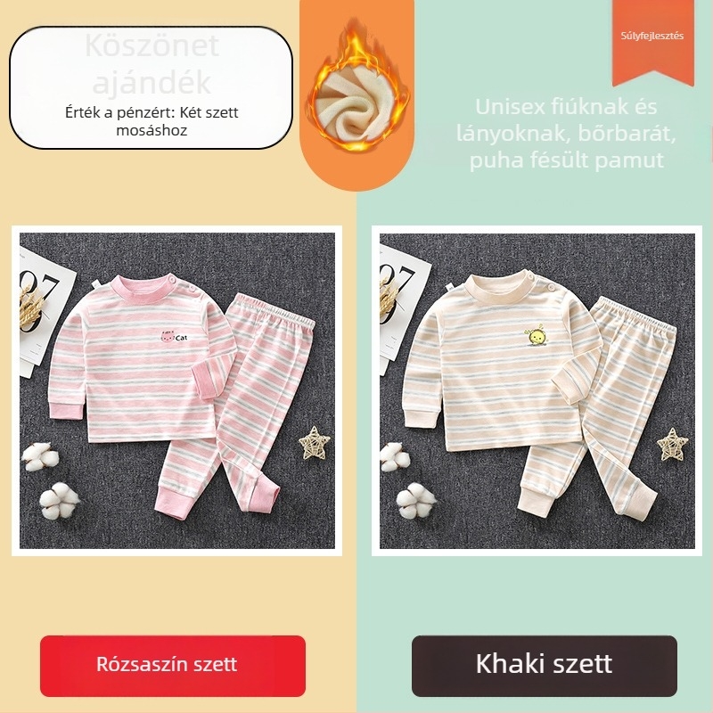 Két részes gyerek pamut pizsama szett, csíkos mintával, 3–8 éveseknek, őszi