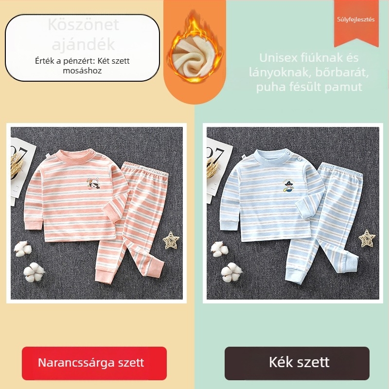 Két részes gyerek pamut pizsama szett, csíkos mintával, 3–8 éveseknek, őszi