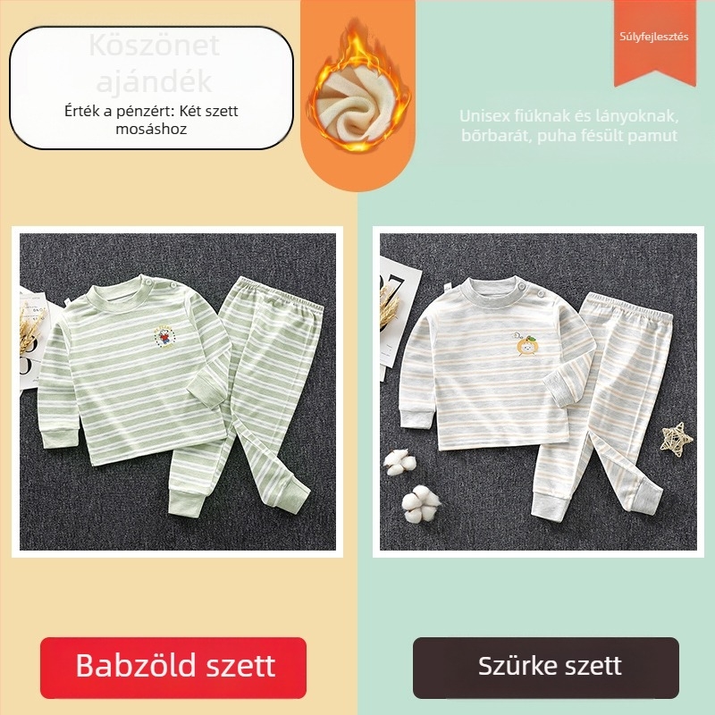 Két részes gyerek pamut pizsama szett, csíkos mintával, 3–8 éveseknek, őszi