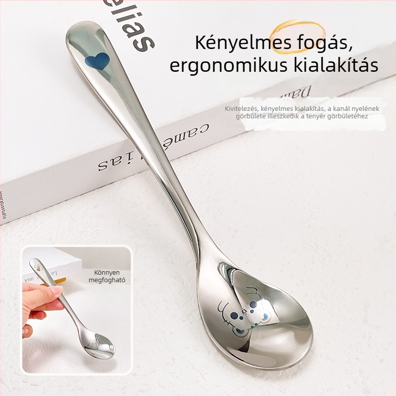 304 rozsdamentes acél hosszú nyélű, vastagított kialakítású nyugati stílusú leveskanál, otthoni használatra, gyerekek etetésére, rajzolt mintával