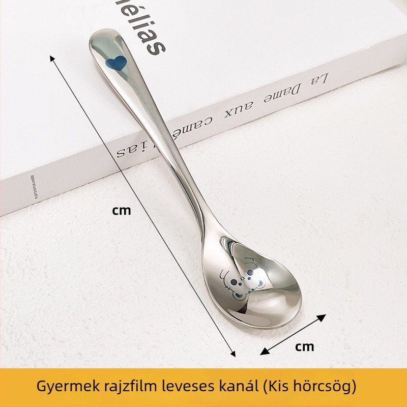 304 rozsdamentes acél hosszú nyélű, vastagított kialakítású nyugati stílusú leveskanál, otthoni használatra, gyerekek etetésére, rajzolt mintával
