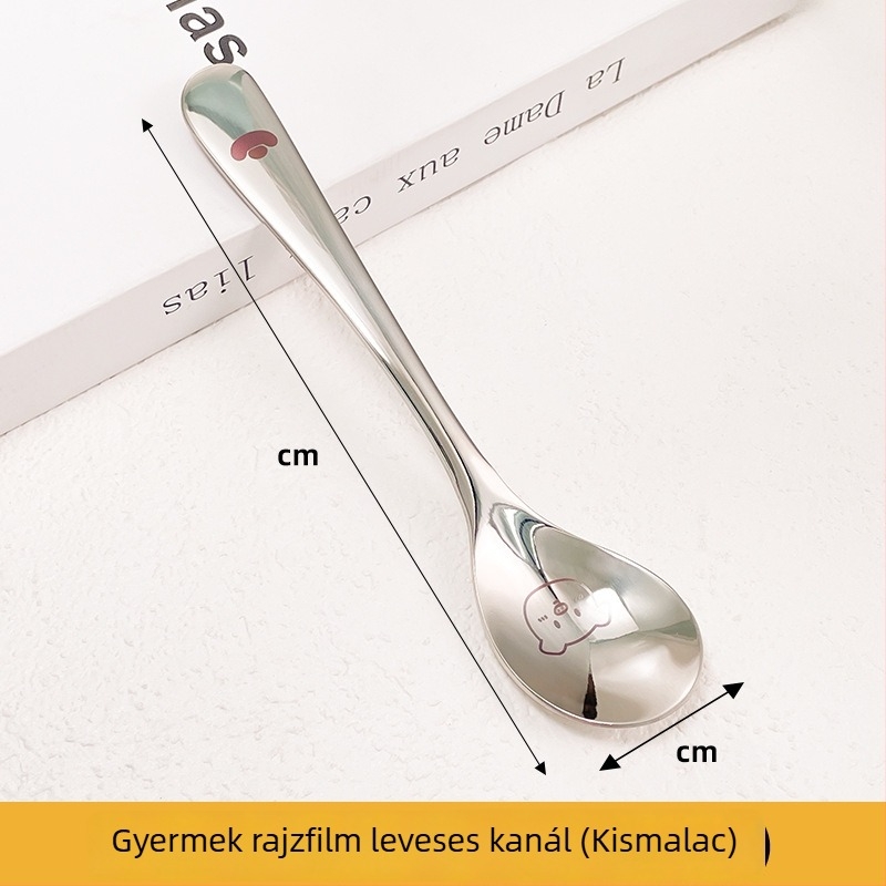 304 rozsdamentes acél hosszú nyélű, vastagított kialakítású nyugati stílusú leveskanál, otthoni használatra, gyerekek etetésére, rajzolt mintával