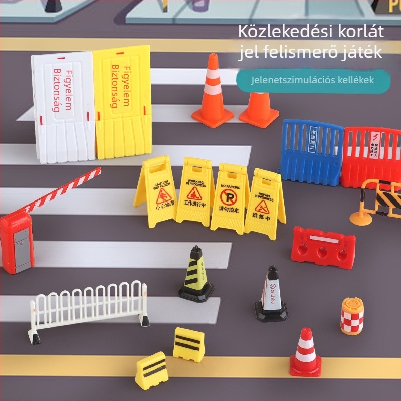 Miniatűr közúti forgalmi akadály modell városi infrastruktúra és parkoló jelenethez – homokasztalos diorama