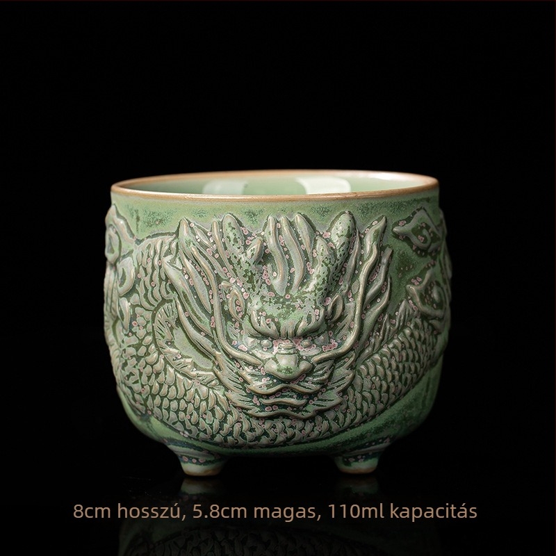 Sárkány és Főnix reliefes teáscsésze – kézzel készült porcelán, ajándék készlet gazdának és vendégnek