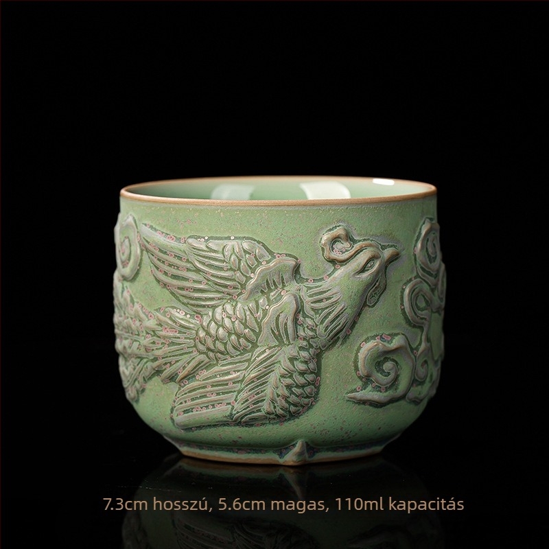 Sárkány és Főnix reliefes teáscsésze – kézzel készült porcelán, ajándék készlet gazdának és vendégnek