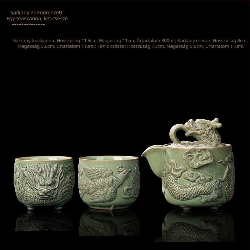Sárkány és Főnix reliefes teáscsésze – kézzel készült porcelán, ajándék készlet gazdának és vendégnek