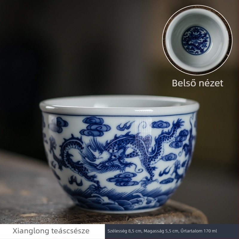 Ősi kék‑fehér kerámia teáscsésze, retro dizájnnal és kézzel megmunkált formával, Gongfu tea készlet, kóstolócsésze, logóval.
