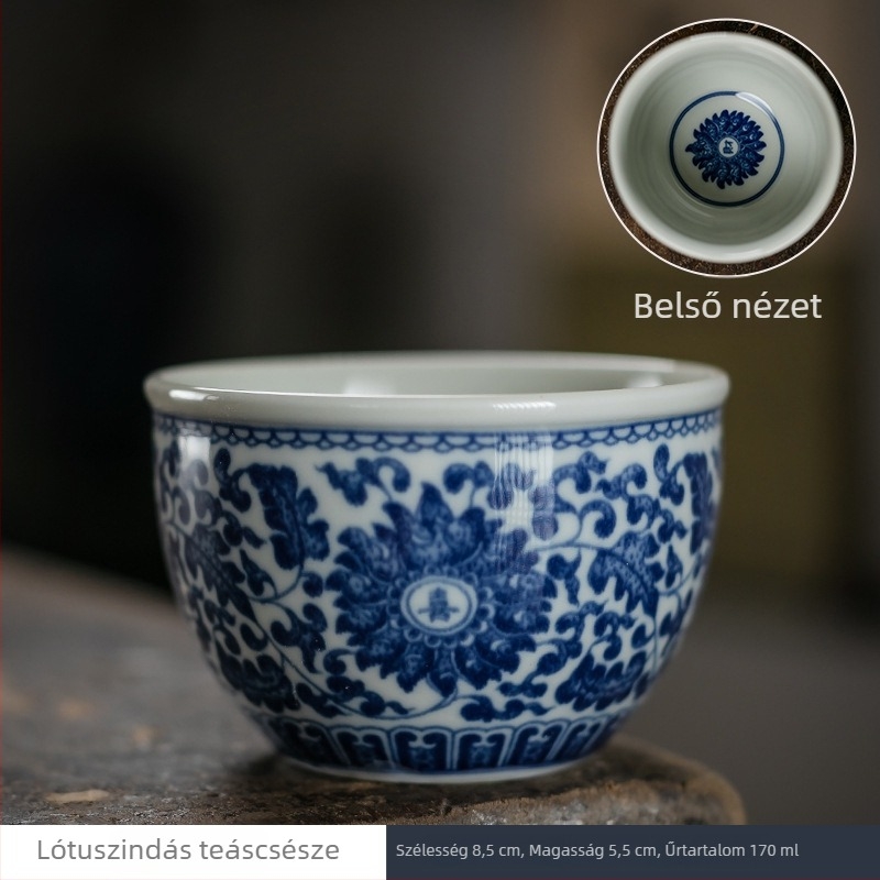 Ősi kék‑fehér kerámia teáscsésze, retro dizájnnal és kézzel megmunkált formával, Gongfu tea készlet, kóstolócsésze, logóval.