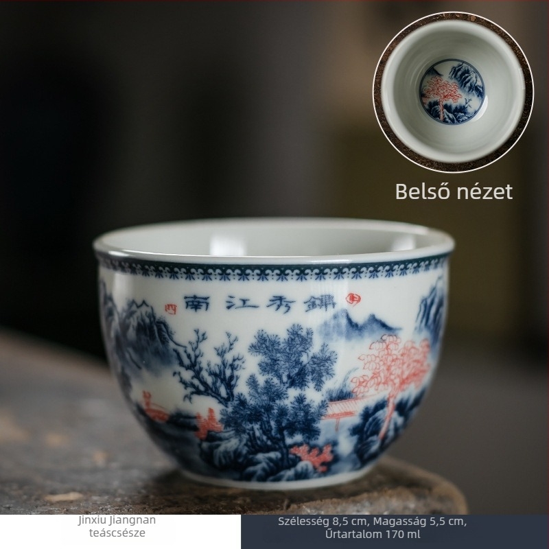 Ősi kék‑fehér kerámia teáscsésze, retro dizájnnal és kézzel megmunkált formával, Gongfu tea készlet, kóstolócsésze, logóval.
