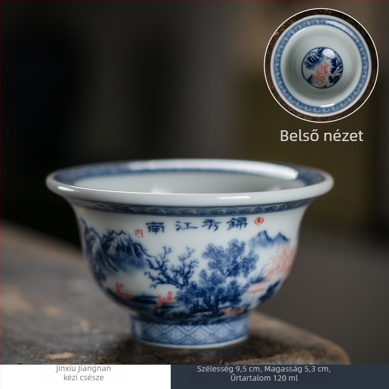 Ősi kék‑fehér kerámia teáscsésze, retro dizájnnal és kézzel megmunkált formával, Gongfu tea készlet, kóstolócsésze, logóval.