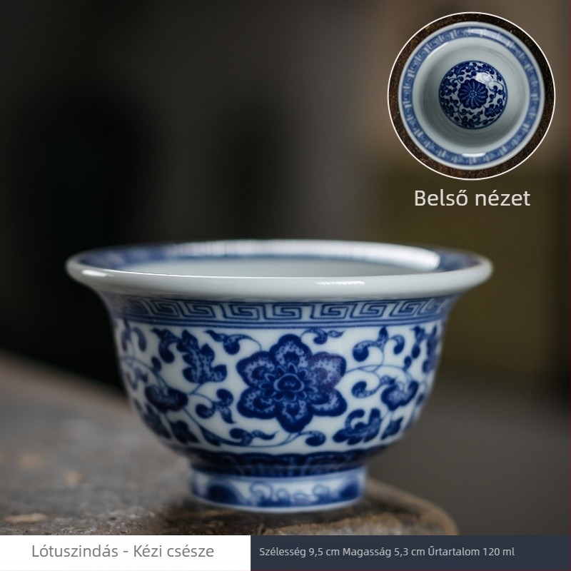 Ősi kék‑fehér kerámia teáscsésze, retro dizájnnal és kézzel megmunkált formával, Gongfu tea készlet, kóstolócsésze, logóval.