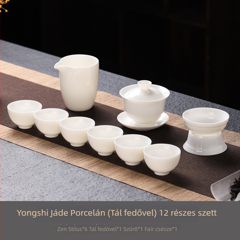 Gongfu stílusú fehér jade-szerű porcelán teáskészlet – teljes készlet teáskannával, gaiwannal és teáscsészékkel, utazó ajándékdoboza logóval