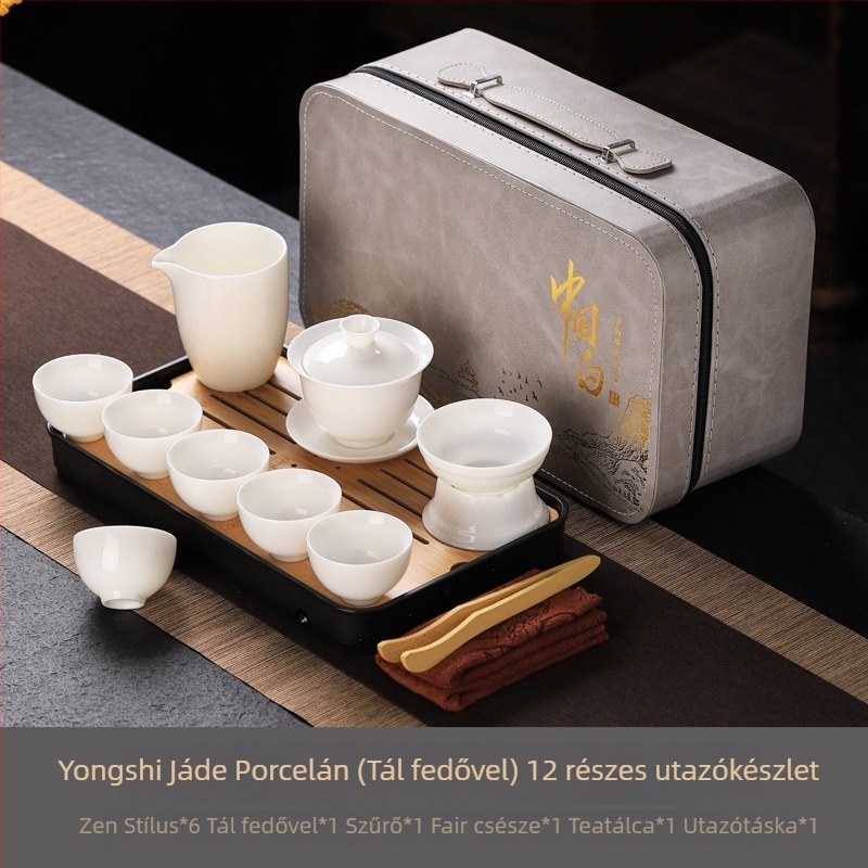 Gongfu stílusú fehér jade-szerű porcelán teáskészlet – teljes készlet teáskannával, gaiwannal és teáscsészékkel, utazó ajándékdoboza logóval